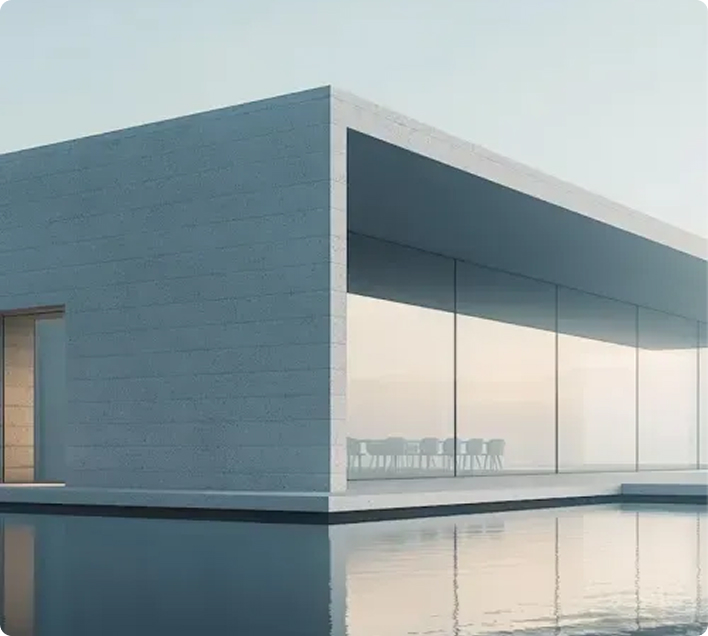 Very modern house with glass windows and a pool