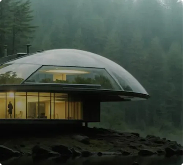 Very modern glass hosue in the forest with the forest in the background