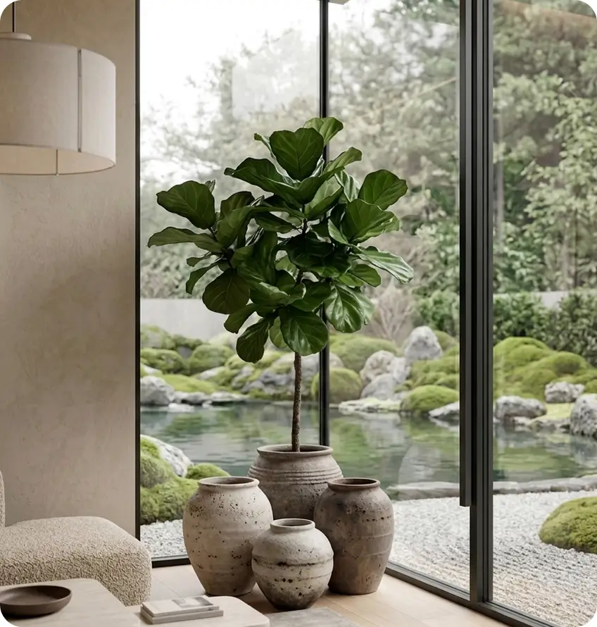 Picutred plant in a modern living room with a glass view in the background