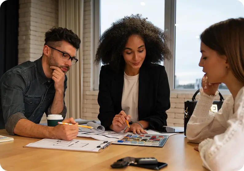 Three people choosing materials and colors on the desk